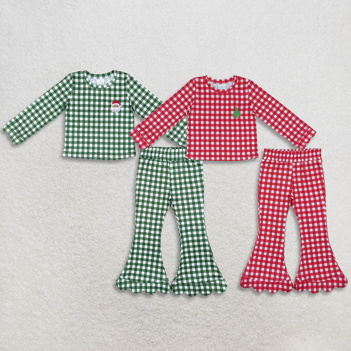 Sibling Baby Girls Kids Embroidery Santa Tree Scallop Tops Plaid Bell Pants Christmas Sets Clothes RTS