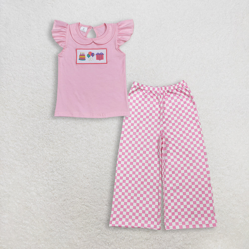 Baby Girl Kids Short Sleeves Embroidery Shirt Pink Plaid Pants Birthday Set Clothes RTS
