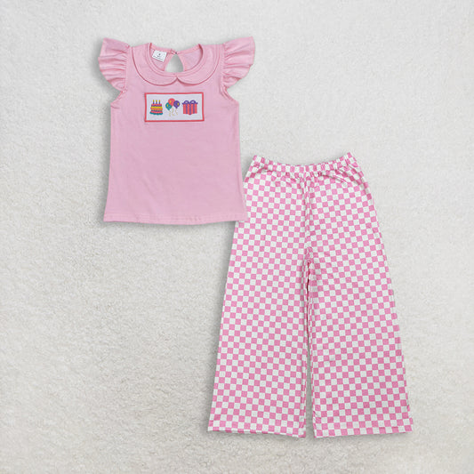 Baby Girl Kids Short Sleeves Embroidery Shirt Pink Plaid Pants Birthday Set Clothes RTS