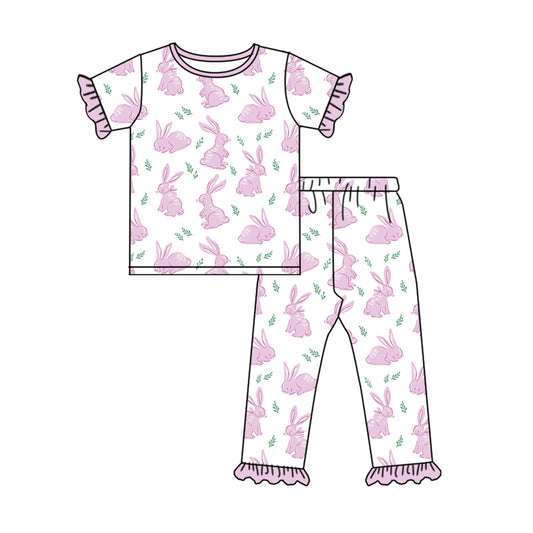 Baby Girl Short Sleeves Pink Rabbit Shirt Pants Pajamas Easter Set Moq 5