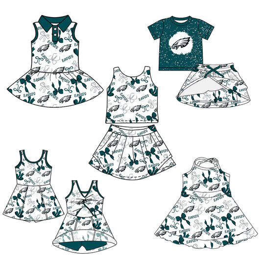 ( Moq 5 each style ) Baby Girl Toddler Team Green Bows Sibling Skort Dress Set 6.9