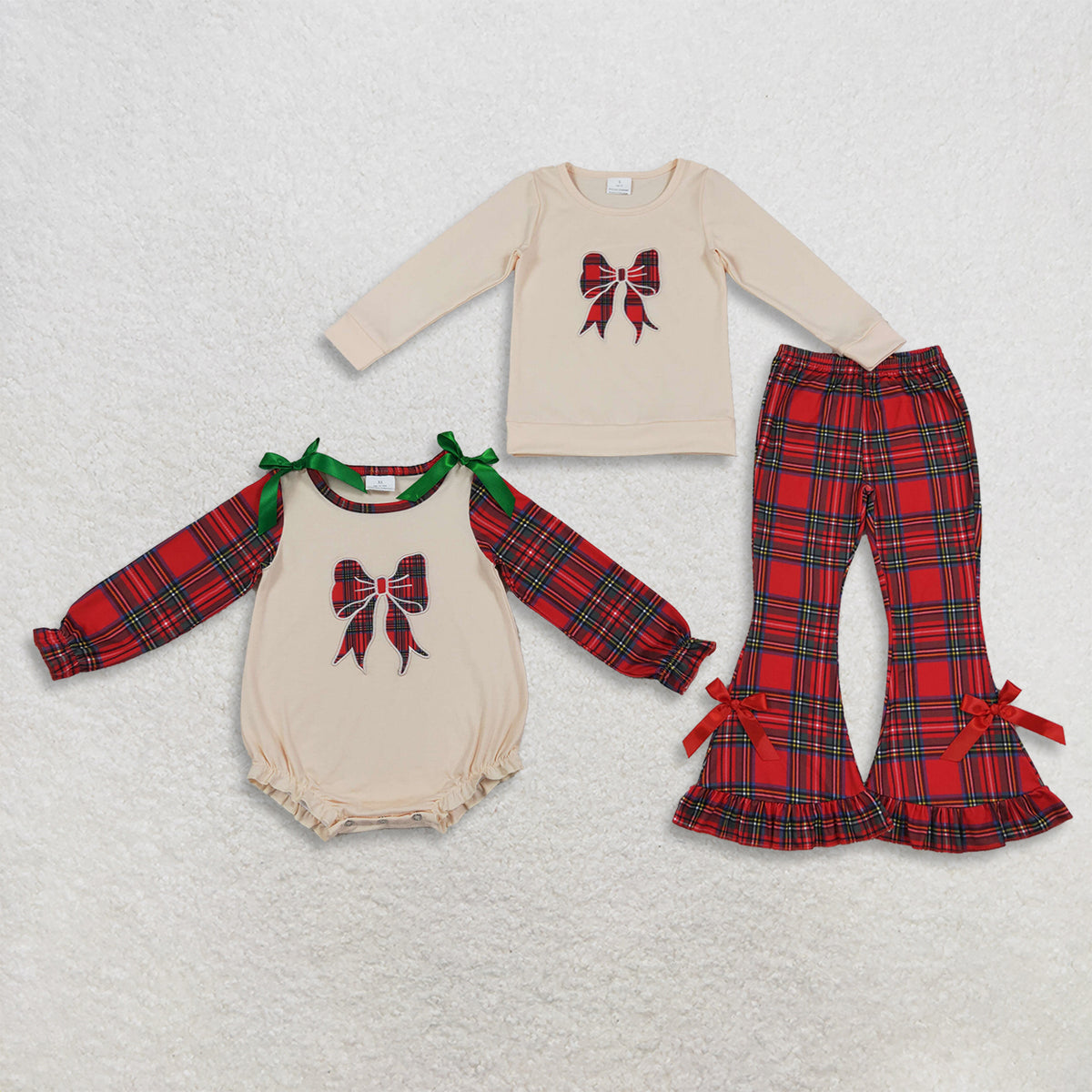 Sibling Baby Girls Kids Long Sleeves Embroidery Plaid Bows Romper Set Christmas Clothes RTS