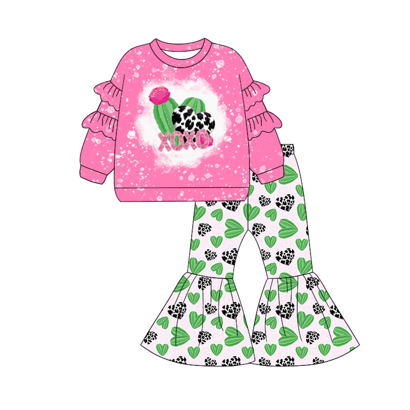 Baby Girl Pink Ruffle Tops Western Cactus Hearts Pants Valentine Set Moq 5