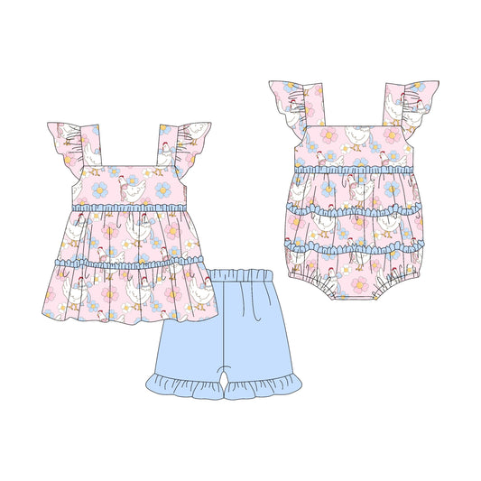 Baby Girl Short Sleeves Chicken Flower Sibling Romper Set ( Moq 5 Each Style ) 3.7