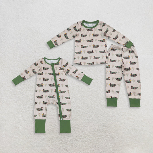 Sibling Baby Boys Kids Long Sleeves Zipper Footie Romper Pajamas Set Camo Ducks Clothes RTS