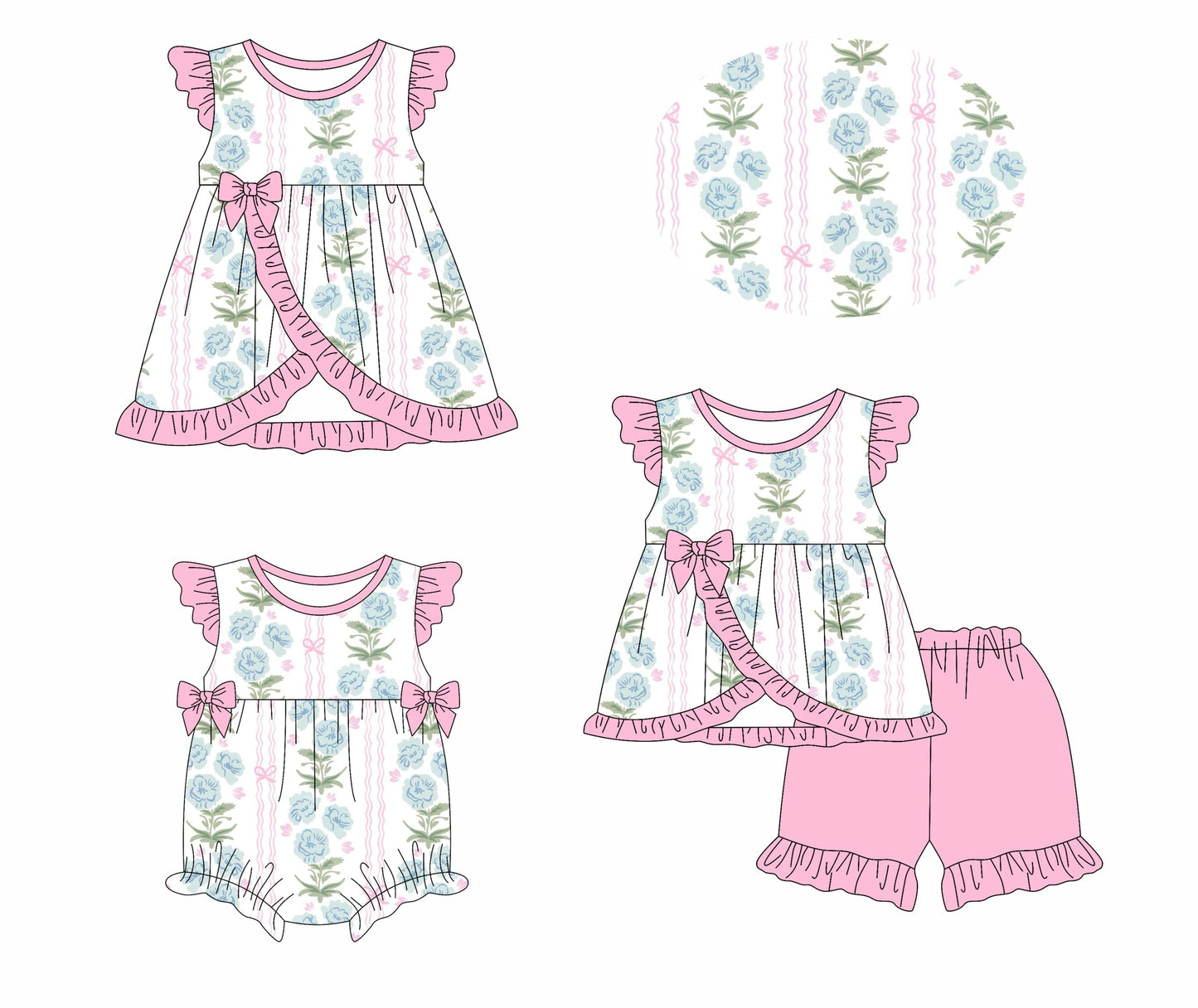 Baby Girl Short Sleeves Flower Pink Bows Sibling Romper Dress Set ( Moq 5 Each Style ) 3.8