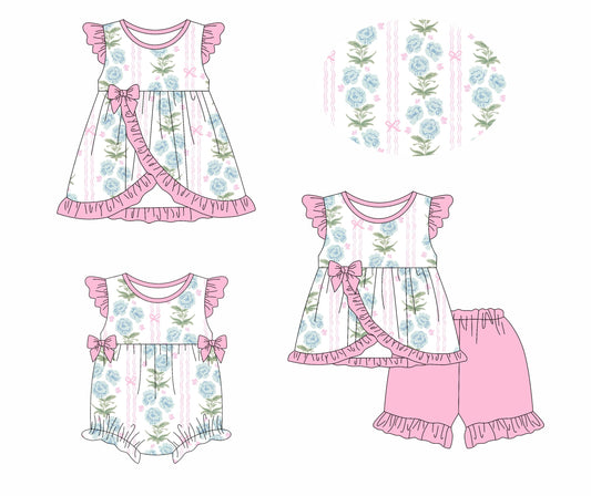Baby Girl Short Sleeves Flower Pink Bows Sibling Romper Dress Set ( Moq 5 Each Style ) 3.8