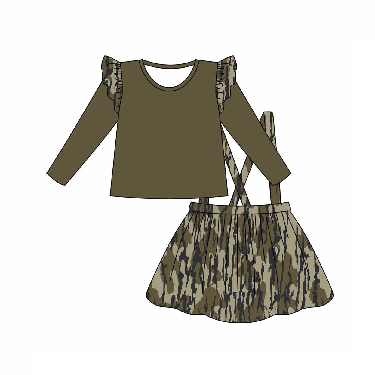 Baby Girl Dark Green Top Camo Suspender Skirt Clothes Set