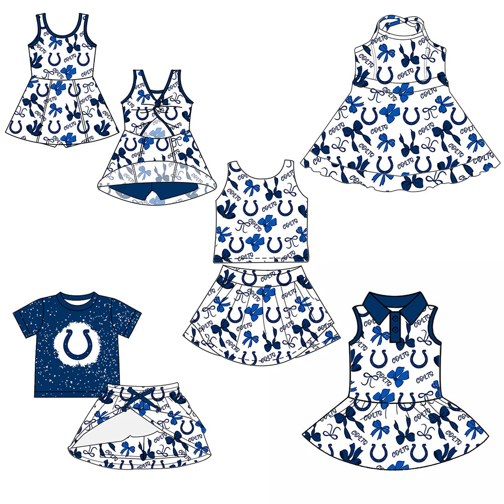 ( Moq 5 each style ) Baby Girl Toddler Blue Team Bows Sibling Skort Dress Set 6.6