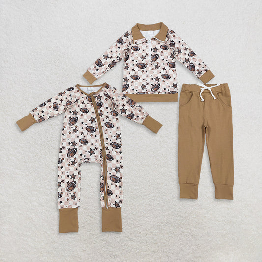 Sibling Baby Boys Kids Long Sleeves Football Stars Plaid Zipper Romper Set RTS