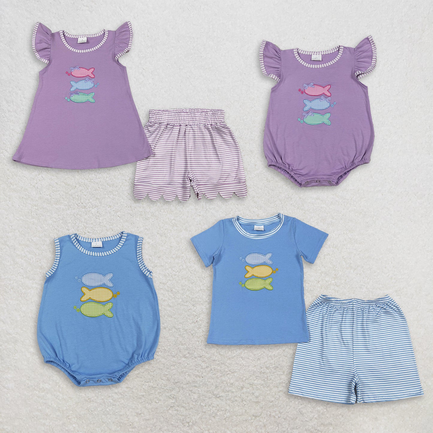 Sibling Baby Boys Girls Embroidery Fish Stripes Rompers Sets Summer Clothes RTS