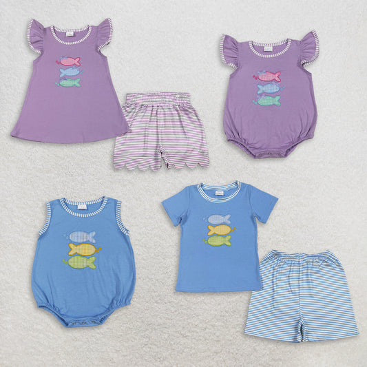 Sibling Baby Boys Girls Embroidery Fish Stripes Rompers Sets Summer Clothes RTS