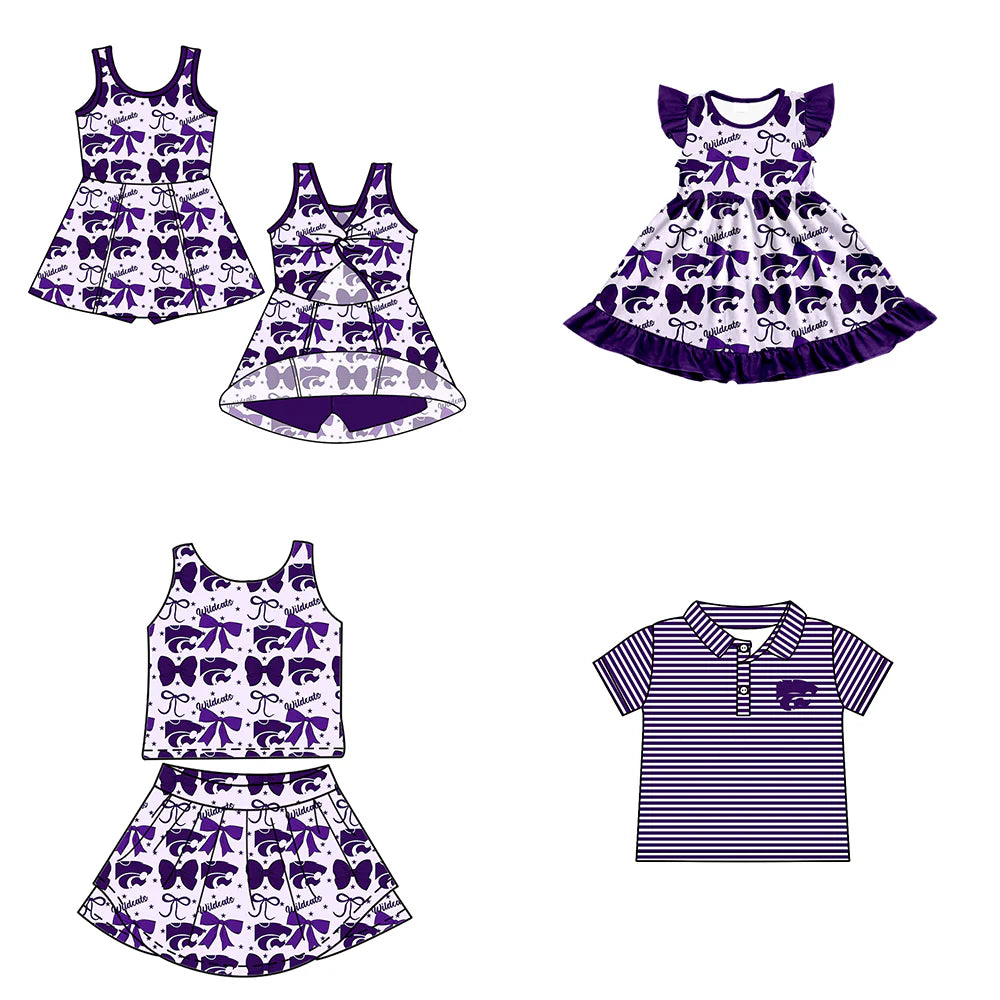 ( Moq 5 each style ) Baby Boy Girl Toddler Team Tigers Purple Bows Sibling Shirt Dress Set 6.23