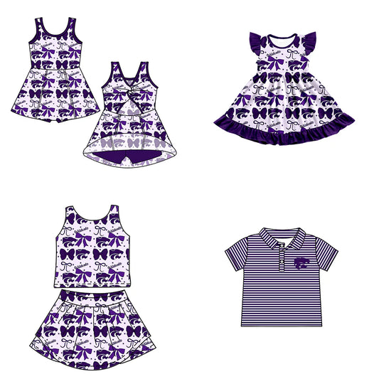 ( Moq 5 each style ) Baby Boy Girl Toddler Team Tigers Purple Bows Sibling Shirt Dress Set 6.23