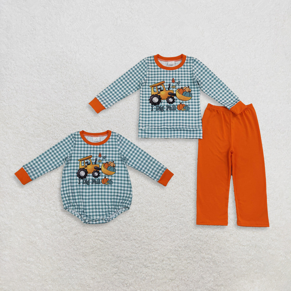 Sibling Baby Boys Kids Long Sleeves Pumpkins Tractor Plaid Romper Set Fall Clothes RTS