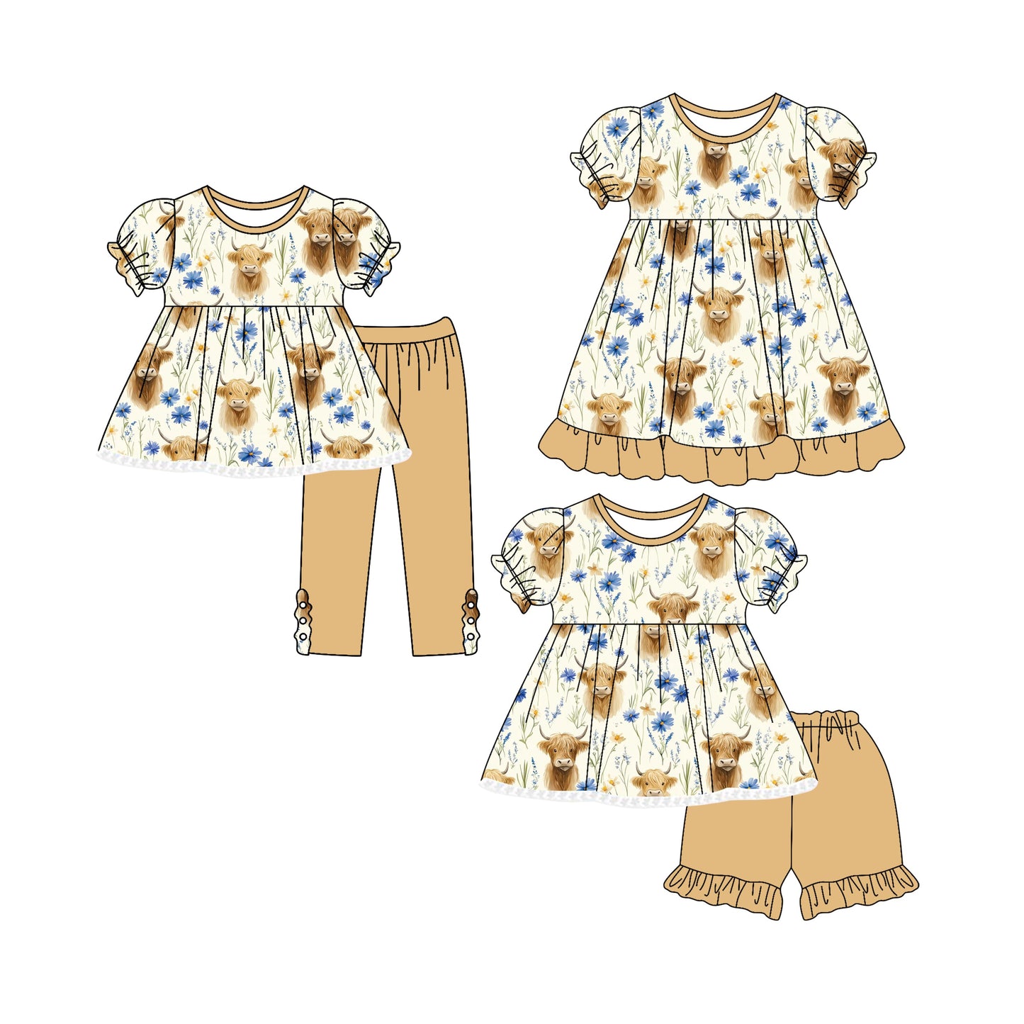 ( Moq 5 Each Style ) Baby Girl Short Sleeves Cow Flower Sibling Romper Dress Set 4.25