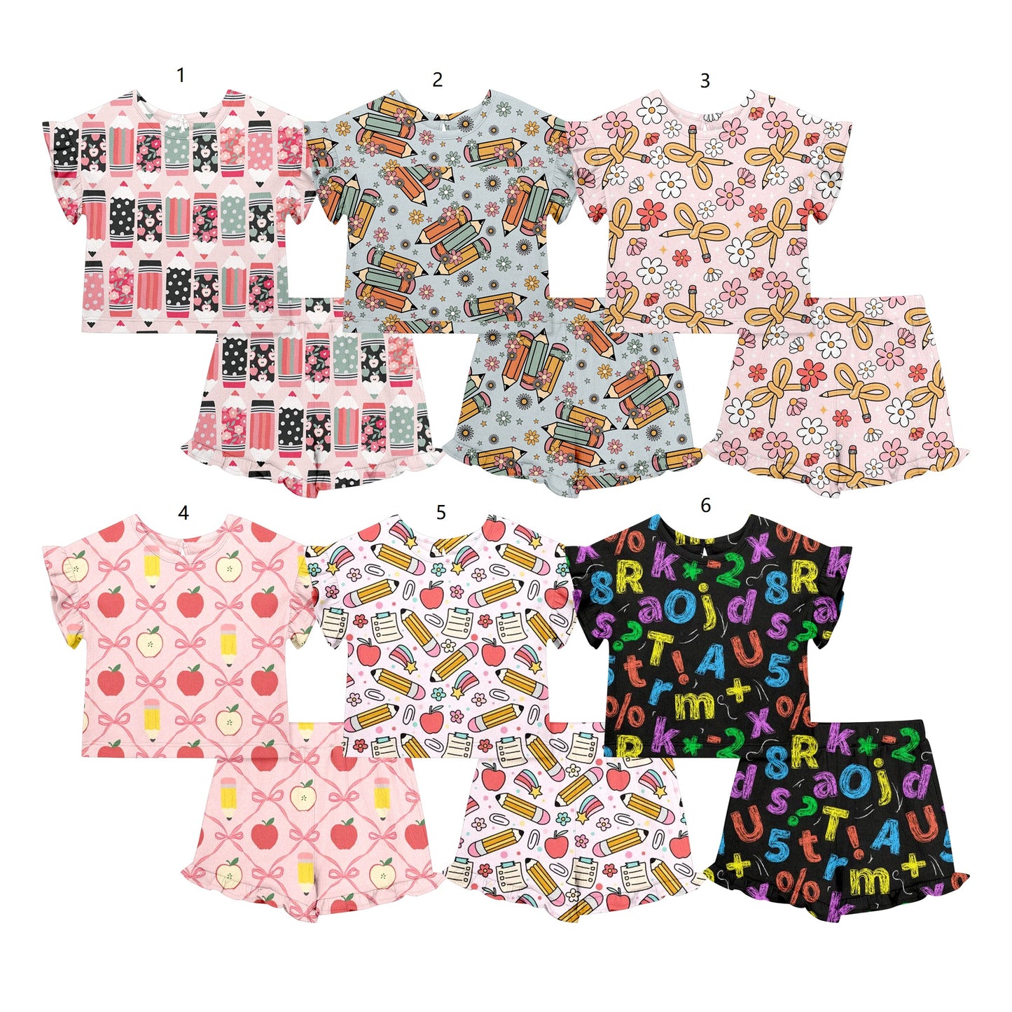 ( Moq 5 Each Style ) Sibling Baby Girls Kids Short Sleeves Pencil Bows Flower Shirts Shorts Back to School Sets