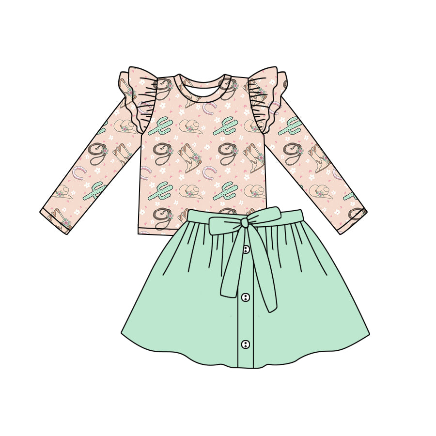 Baby Girl Western Boots Cactus Tops Green Skirt Set