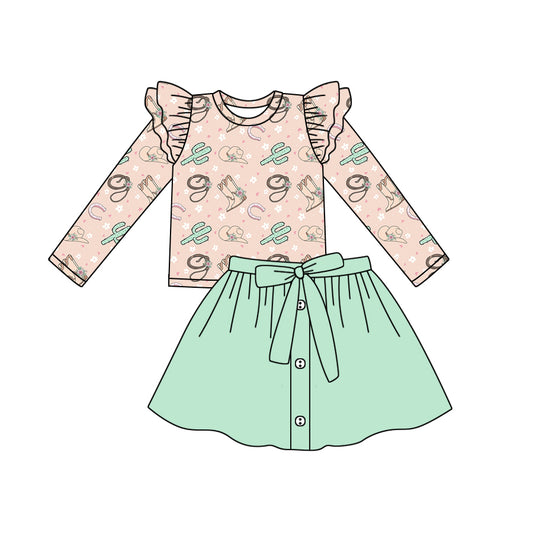 Baby Girl Western Boots Cactus Tops Green Skirt Set