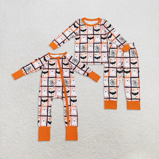 Baby Kids Toddler Long Sleeves Ghost Bats Sibling Halloween Footie Romper Pajamas Set RTS