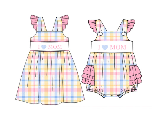 ( Moq 5 Each Style ) Baby Girls Kids I Love Mom Sibling Colorful Plaid Romper Dress