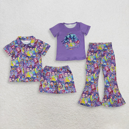 Sibling Baby Girls Kids Short Sleeves Singer Characters Sets Purple Clothes RTS
