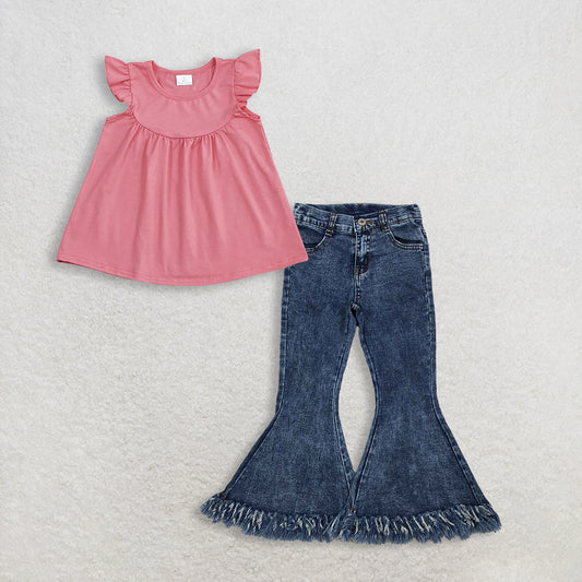 Baby Girls Kids Short Sleeves Pink Cotton Tunic Denim Jeans Bell Pants Set RTS