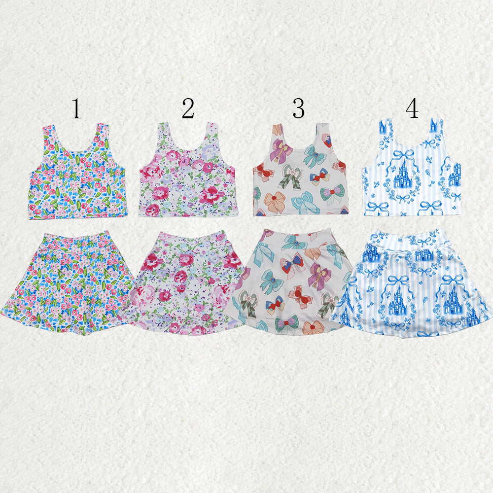 Baby Girl Sleeveless Flower Bows Sibling Athletic Yoga Skort Set Clothes RTS