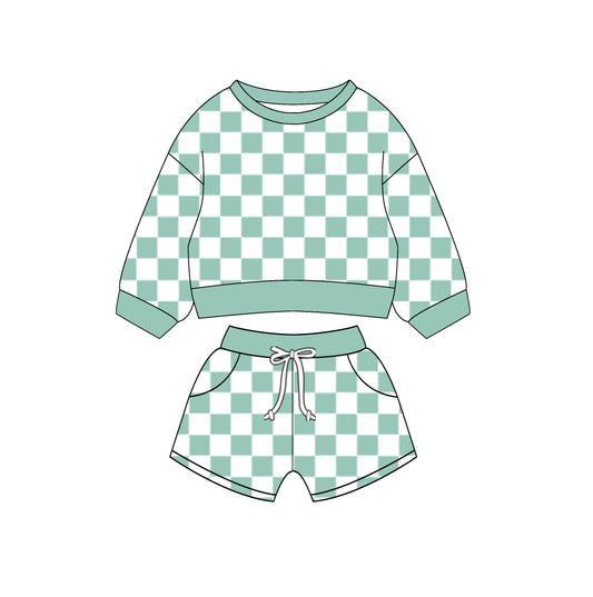 Baby Kids Toddler Long Sleeves Green Checkered Shirt Pocket Shorts Set Moq 5