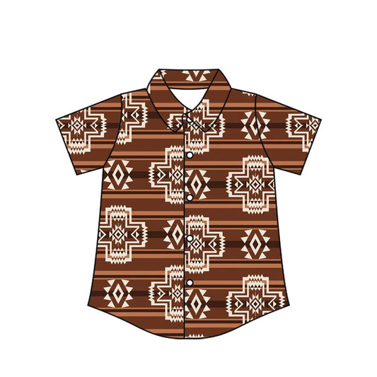 ( Moq 5 ) Baby Boy Short Sleeves Brown Aztec Button Shirts Tops