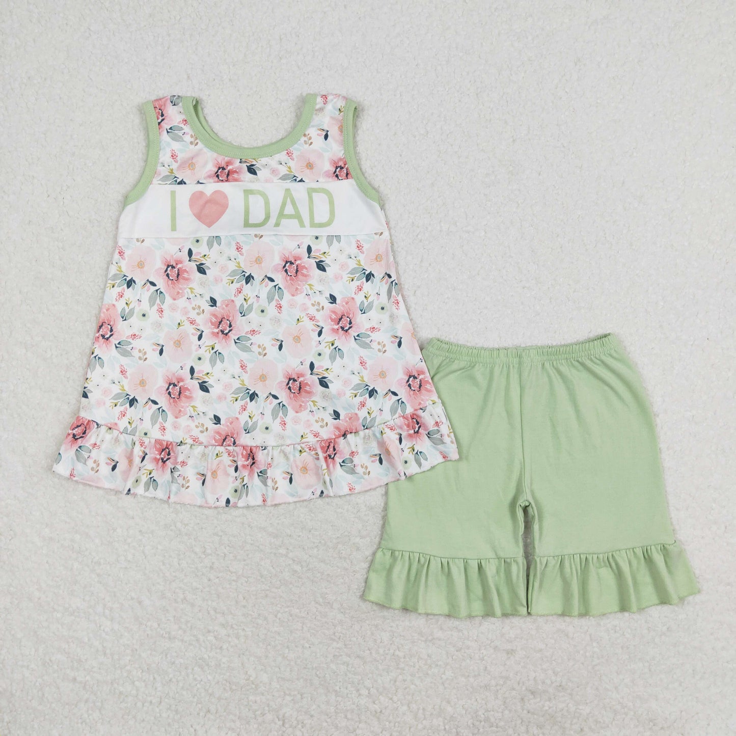 Baby Girl Sleeveless I Love Dad Floral Top Green Shorts Set