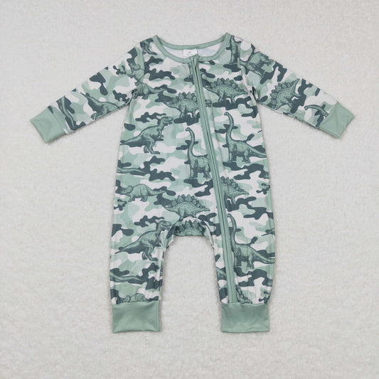 LR0718 Baby Boy Long Sleeves Dinosaur Camo Zipper One Piece Romper