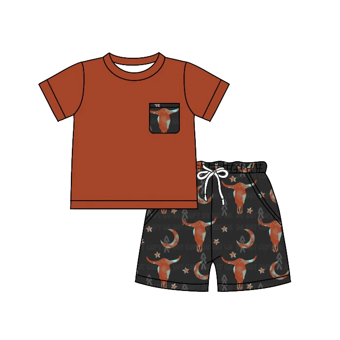 Moq 3 Pre-order BSSO0758 Baby Boy Short Sleeves Shirts Western Cow Print Shorts Summer Set