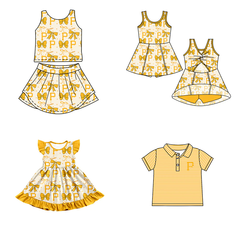 ( Moq 5 each style ) Baby Boy Girl Toddler P Team Yellow Bows Sibling Shirt Dress Set 6.21