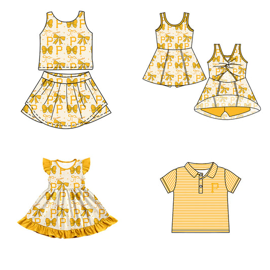 ( Moq 5 each style ) Baby Boy Girl Toddler P Team Yellow Bows Sibling Shirt Dress Set 6.21