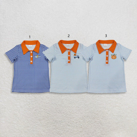 Sibling Baby Boys Kids Embroidery Pumpkins Buttons Plaid Shirts Kids Thanksgiving Clothes RTS