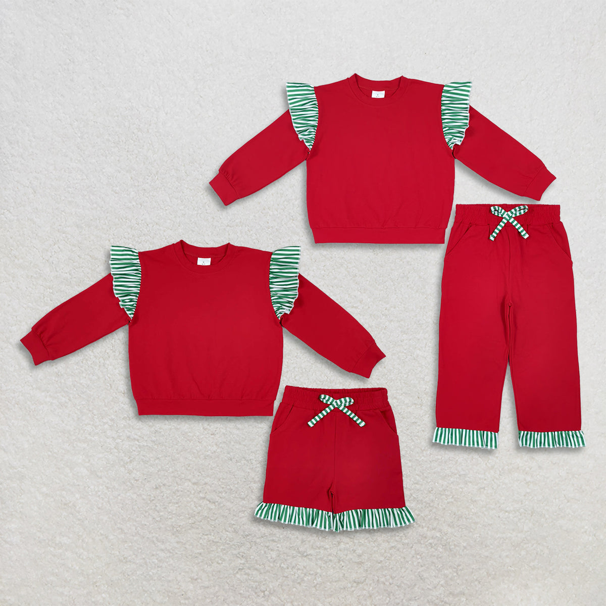 Sibling Baby Girls Kids Long Sleeves Shirts Pockets Shorts Pants Cotton Red Sets Christmas Clothes RTS