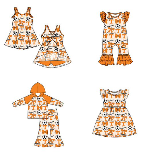 ( Moq 5 each style ) Baby Girl Toddler T Team Orange Bows ‌Soccer‌ Sibling Romper Dress Set 6.14