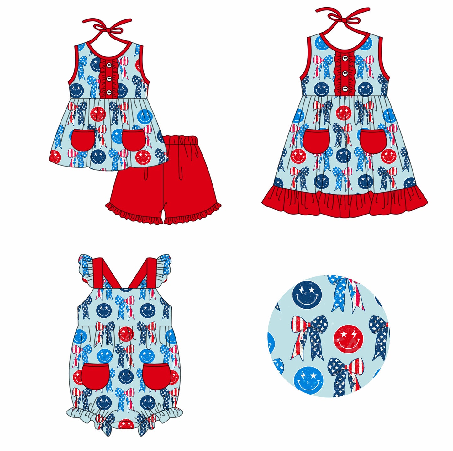 Baby Girl July 4th Bows Smile Sibling Summer Romper Dress Clothes Set ( Moq 5 Each Design )11.25