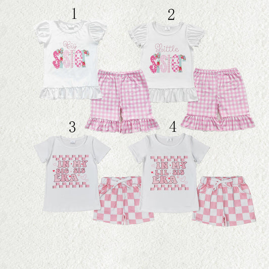 Baby Girl Short Sleeves Little Big Sister Shirt Ruffle Plaid Shorts Sibling Clothes Set RTS