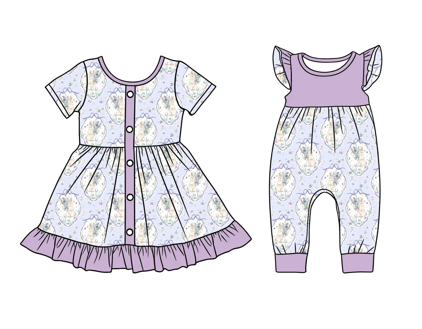 ( Moq 5 Each Style ) Baby Girls Kids Short Sleeves Rabbits Bows Easter Purple Romper Set