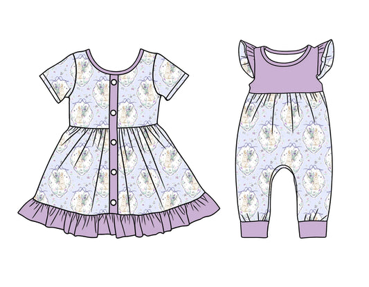 ( Moq 5 Each Style ) Baby Girls Kids Short Sleeves Rabbits Bows Easter Purple Romper Set