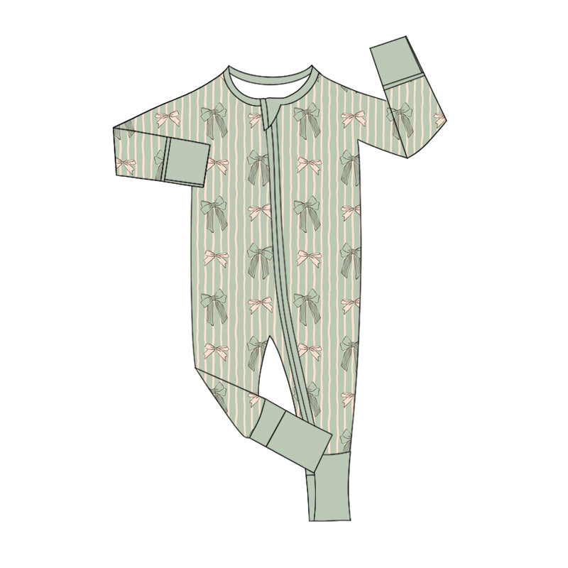 Baby Kids Infant Long Sleeves Bows Green Stripes Romper Moq 5