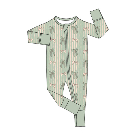 Baby Kids Infant Long Sleeves Bows Green Stripes Romper Moq 5