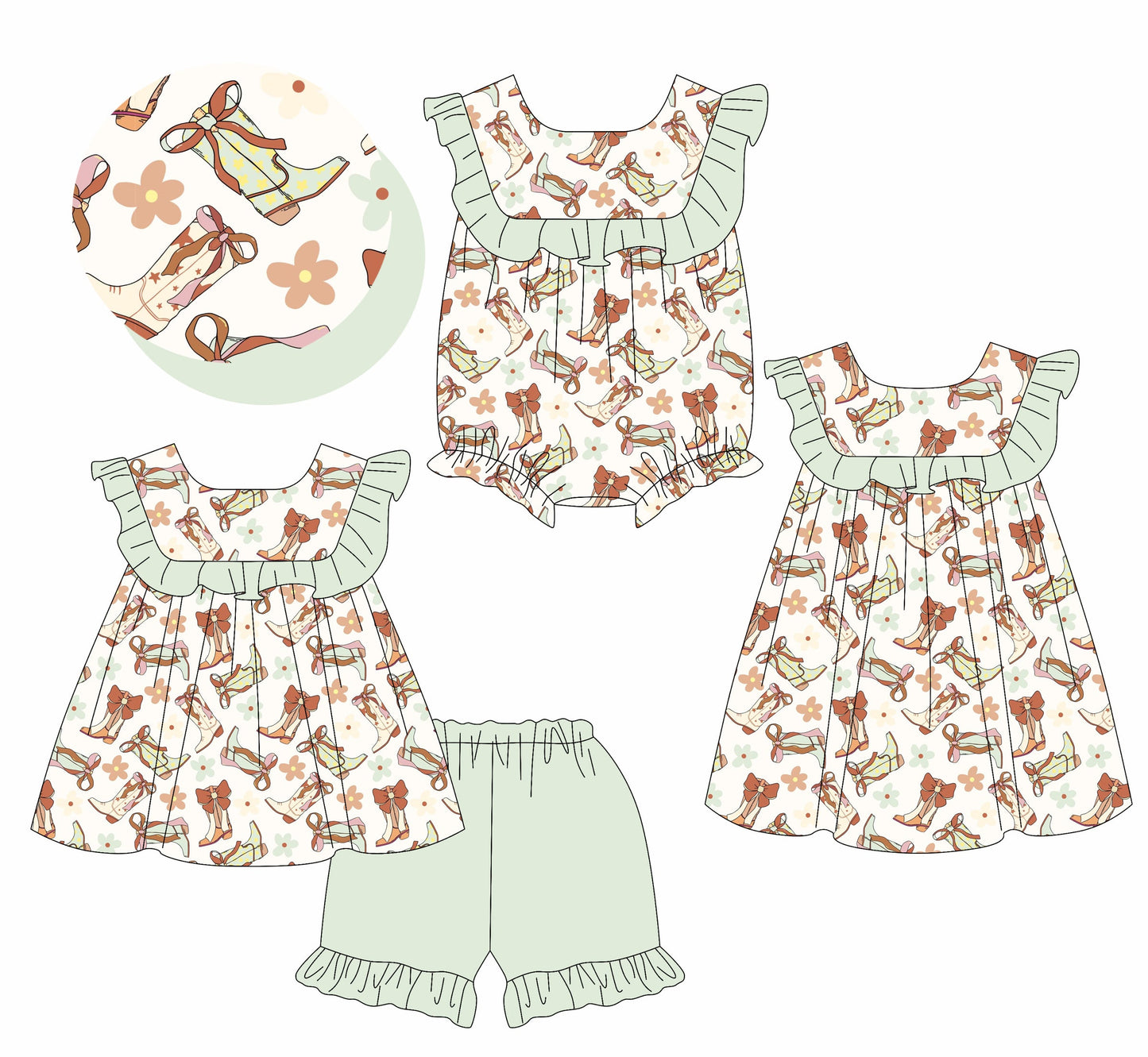 Baby Girl Boots Bows Flower Sibling Romper Dress Set ( Moq 5 Each Style ) 1.23