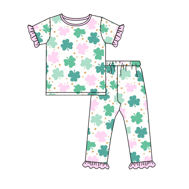 Baby Girl Toddler Short Sleeves St. Patrick Clover Shirt Pants Pajamas Set Moq 5