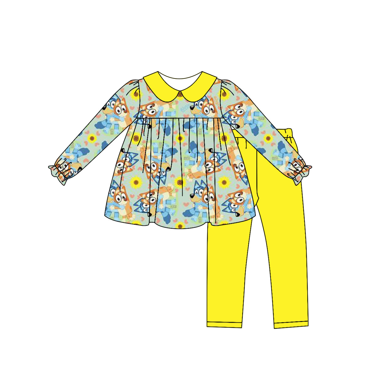 Baby Girl Toddler Long Sleeves Valentine Dogs Hearts Flower Tops Yellow Pants Set