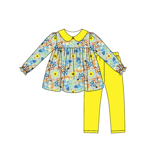 Baby Girl Toddler Long Sleeves Valentine Dogs Hearts Flower Tops Yellow Pants Set