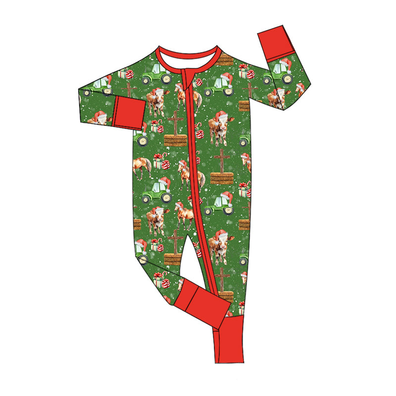 Baby Boy Infant Long Sleeves Farm Cow Trucks Gifts Christmas Zipper Romper