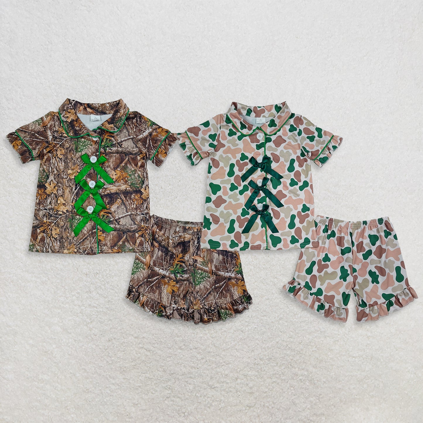 Sibling Baby Girls Kids Bows Buttons Shirts Camo Ruffle Shorts Hunting Pajamas Sets RTS